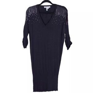 BCBGeneration Dress Size M Sequins Roll Tab Dolman Ruched Sleeve Wide Ribbed Hem